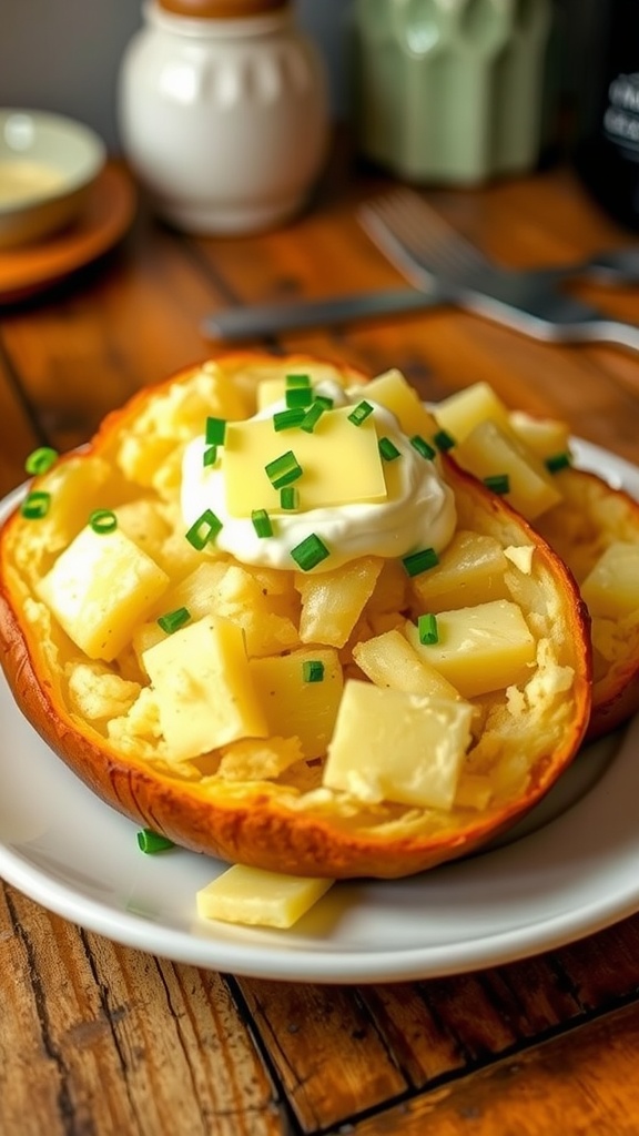Quick and Easy Microwave Baked Potatoes Recipe A plate of microwave baked potatoes topped with butter and chives, on a rustic wooden table.
